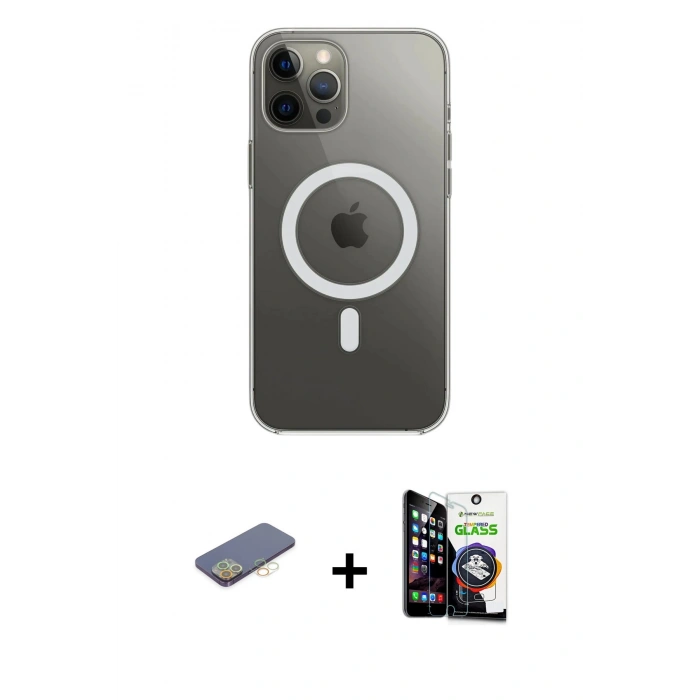 MARSİLYAN™- iPhone 12 Pro Max Kılıf Ahenk Yansıma Prime - Şeffaf Temperli Cam Ekran Koruyucu + Renkli Kamera Lens Koruma Cam - SI