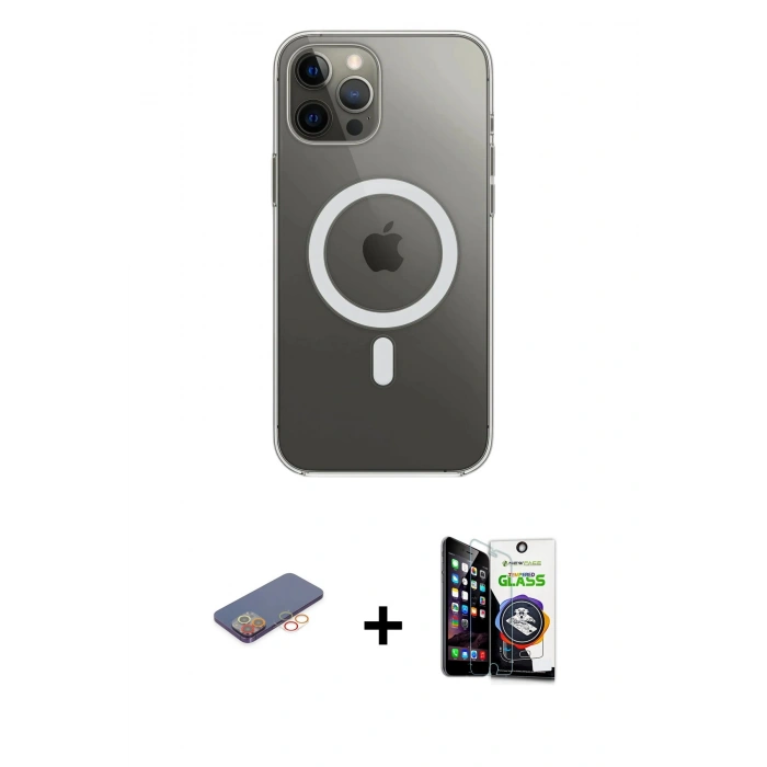 MARSİLYAN™- iPhone 12 Pro Max Kılıf Ahenk Yansıma Prime - Şeffaf Temperli Cam Ekran Koruyucu + Renkli Kamera Lens Koruma Cam - TU