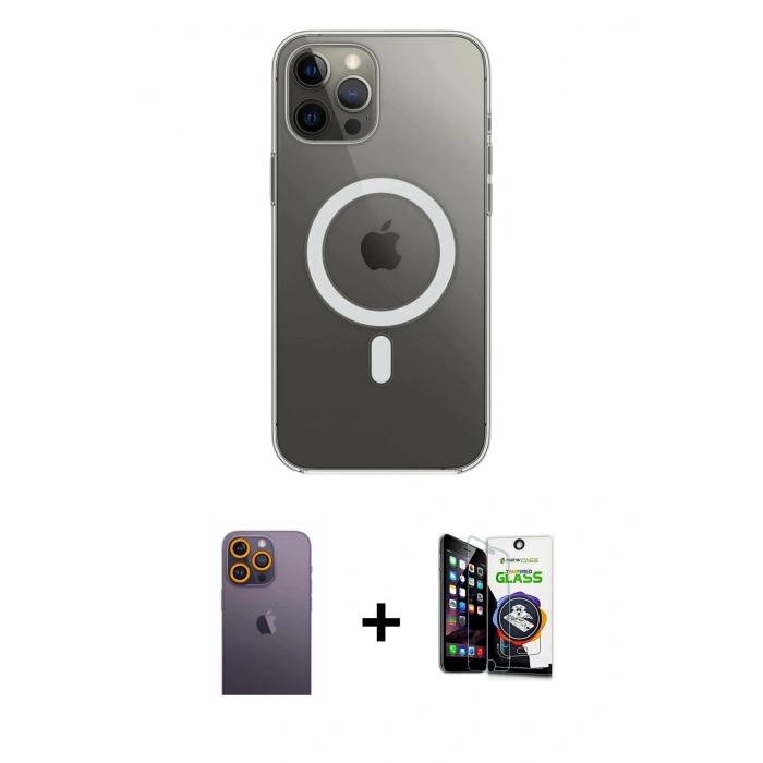 MARSİLYAN™- iPhone 12 Pro Max Kılıf Ahenk Yansıma Prime - Şeffaf Temperli Cam Ekran Koruyucu + Neon Fosforlu Kamera Lens - SI