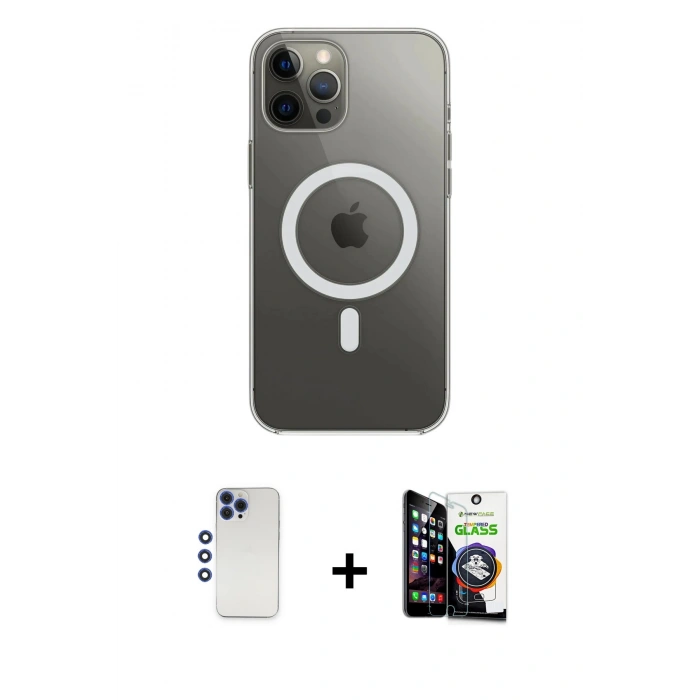 MARSİLYAN™- iPhone 12 Pro Max Kılıf Ahenk Yansıma Prime - Şeffaf Temperli Cam Ekran Koruyucu + Shine Kamera Lens - LT