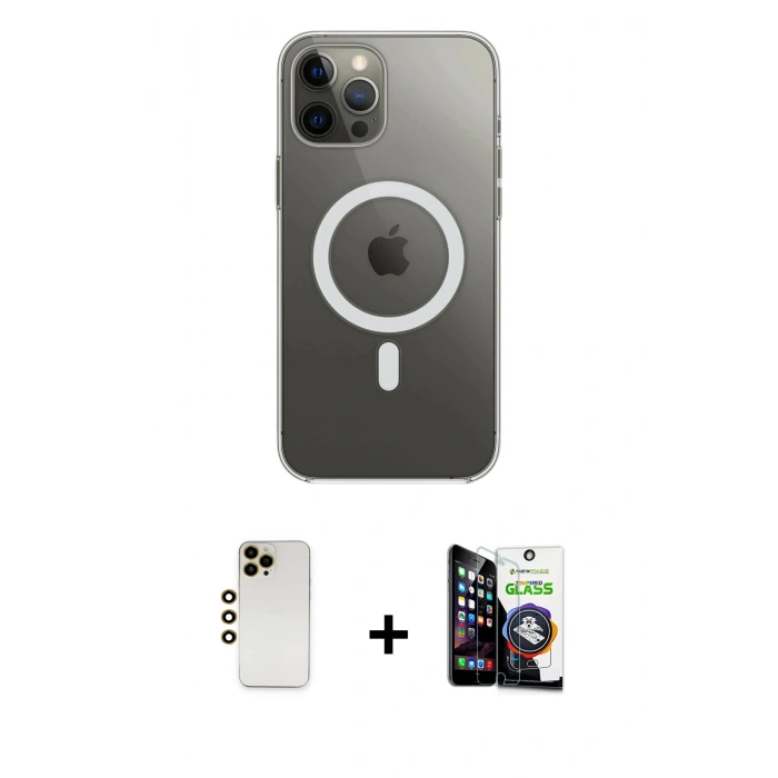 MARSİLYAN™- iPhone 12 Pro Max Kılıf Ahenk Yansıma Prime - Şeffaf Temperli Cam Ekran Koruyucu + Shine Kamera Lens - GD