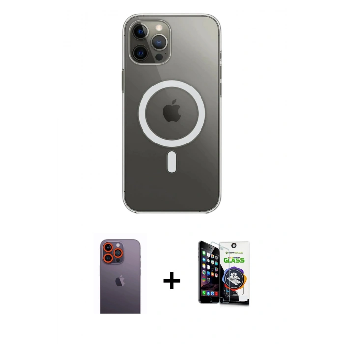 MARSİLYAN™- iPhone 12 Pro Max Kılıf Ahenk Yansıma Prime - Şeffaf Temperli Cam Ekran Koruyucu + Neon Fosforlu Kamera Lens - TU