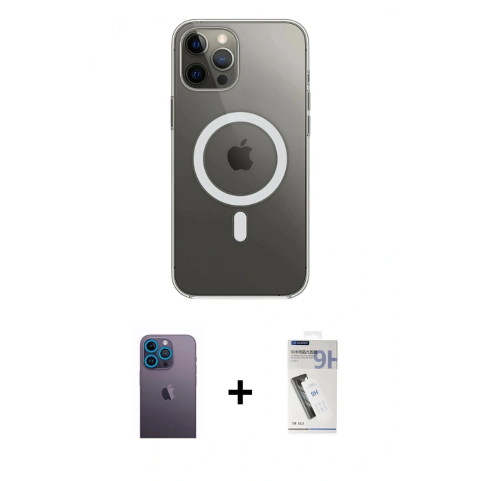 MARSİLYAN™- iPhone 12 Pro Max Kılıf Ahenk Yansıma Prime - Şeffaf Uv Polymer Nano Ekran Koruyucu + Neon Fosforlu Kamera Lens - MI