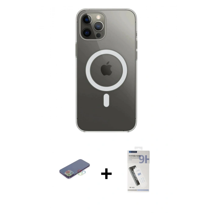 MARSİLYAN™- iPhone 12 Pro Max Kılıf Ahenk Yansıma Prime - Şeffaf Uv Polymer Nano Ekran Koruyucu + Renkli Kamera Lens Koruma Cam - MI