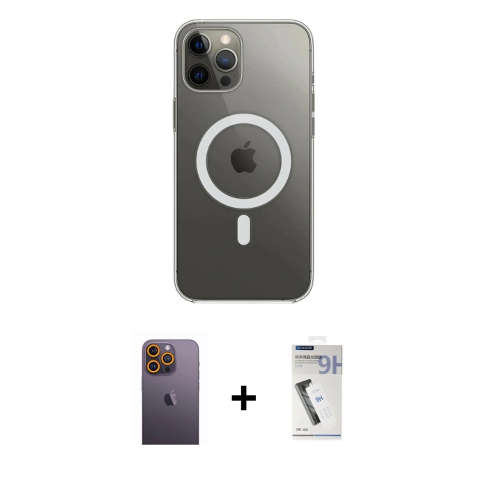 MARSİLYAN™- iPhone 12 Pro Max Kılıf Ahenk Yansıma Prime - Şeffaf Uv Polymer Nano Ekran Koruyucu + Neon Fosforlu Kamera Lens - SI