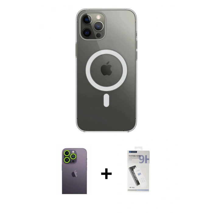 MARSİLYAN™- iPhone 12 Pro Max Kılıf Ahenk Yansıma Prime - Şeffaf Uv Polymer Nano Ekran Koruyucu + Neon Fosforlu Kamera Lens - YL