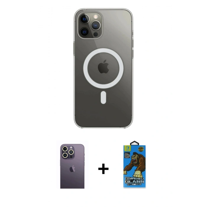 MARSİLYAN™- iPhone 12 Pro Max Kılıf Ahenk Yansıma Prime - Siyah 18D Cam Ekran Koruyucu + Neon Fosforlu Kamera Lens - BZ