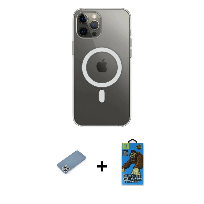 MARSİLYAN™- iPhone 12 Pro Max Kılıf Ahenk Yansıma Prime - Siyah 18D Cam Ekran Koruyucu + Shine Kamera Lens Koruma Cam - GS