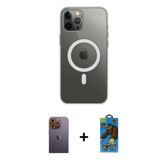 MARSİLYAN™- iPhone 12 Pro Max Kılıf Ahenk Yansıma Prime - Siyah 18D Cam Ekran Koruyucu + Neon Fosforlu Kamera Lens - SI