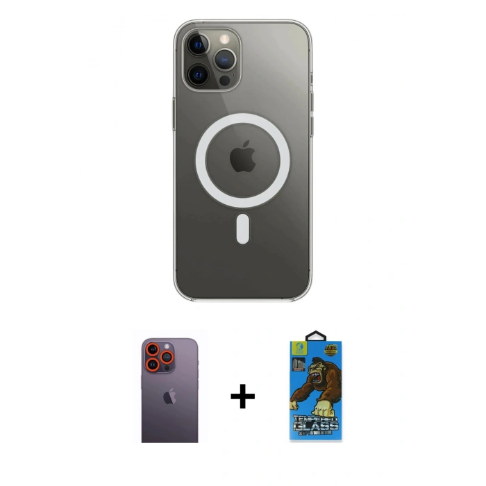 MARSİLYAN™- iPhone 12 Pro Max Kılıf Ahenk Yansıma Prime - Siyah 18D Cam Ekran Koruyucu + Neon Fosforlu Kamera Lens - TU