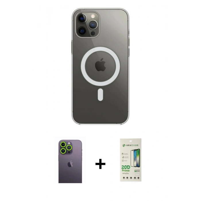 MARSİLYAN™- iPhone 12 Pro Max Kılıf Ahenk Yansıma Prime - Siyah 20D Premium Cam Ekran Koruyucu + Neon Fosforlu Kamera Lens - YL