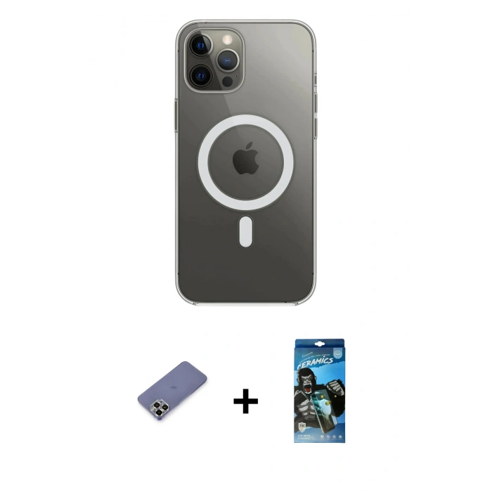 MARSİLYAN™- iPhone 12 Pro Max Kılıf Ahenk Yansıma Prime - Siyah 34D Izgaralı Cam + Metal Kamera Lens Koruma Cam - GD