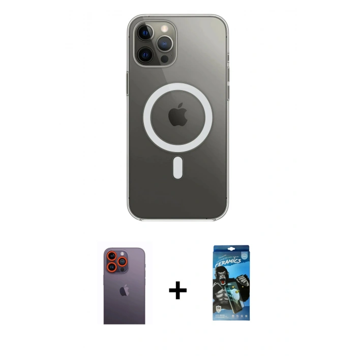 MARSİLYAN™- iPhone 12 Pro Max Kılıf Ahenk Yansıma Prime - Siyah 34D Izgaralı Cam + Neon Fosforlu Kamera Lens - TU