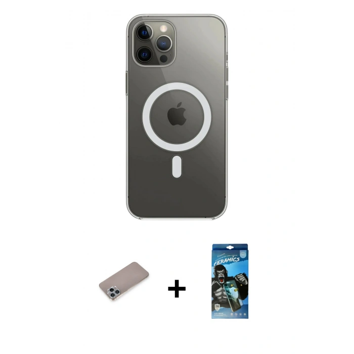 MARSİLYAN™- iPhone 12 Pro Max Kılıf Ahenk Yansıma Prime - Siyah 34D Izgaralı Cam + Sierra Blue Shine Kamera Lens Koruma Cam
