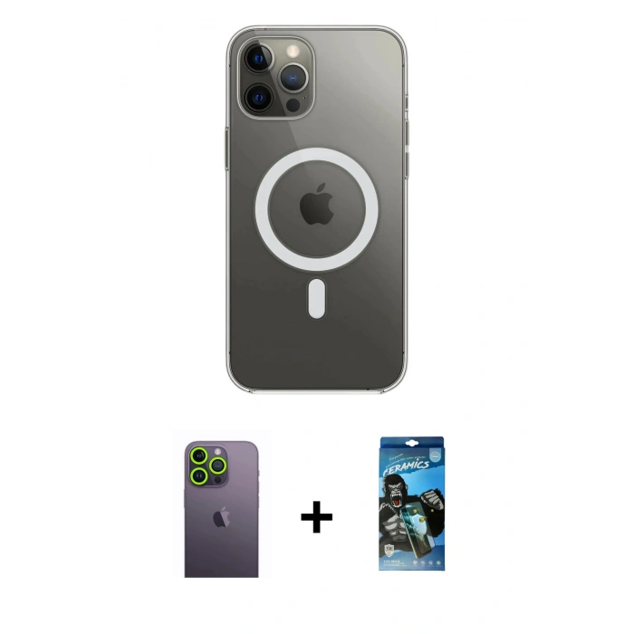 MARSİLYAN™- iPhone 12 Pro Max Kılıf Ahenk Yansıma Prime - Siyah 34D Izgaralı Cam + Neon Fosforlu Kamera Lens - YL