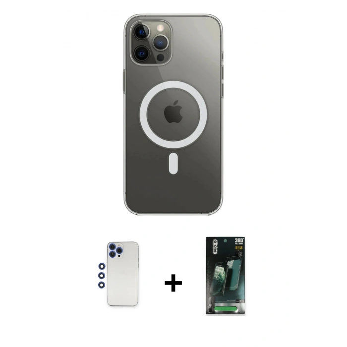MARSİLYAN™- iPhone 12 Pro Max Kılıf Ahenk Yansıma Prime - Siyah 360 Mat Full Body Arka Koruyucu + Shine Kamera Lens - LT