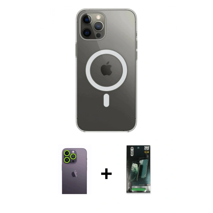 MARSİLYAN™- iPhone 12 Pro Max Kılıf Ahenk Yansıma Prime - Siyah 360 Mat Full Body Arka Koruyucu + Neon Fosforlu Kamera Lens - YL