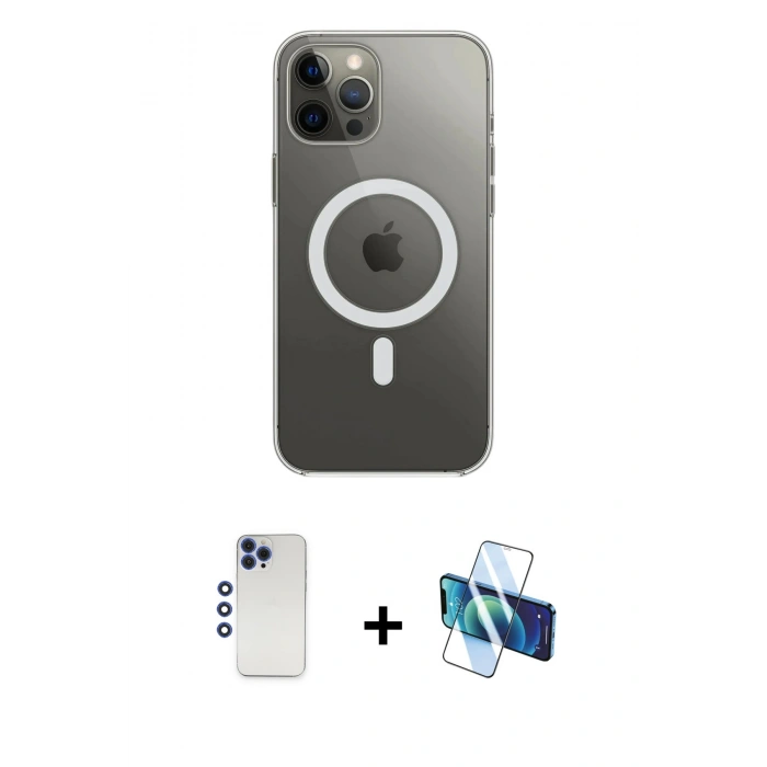 MARSİLYAN™- iPhone 12 Pro Max Kılıf Ahenk Yansıma Prime - Siyah 3D Antistatik Cam Ekran Koruyucu + Shine Kamera Lens - LT