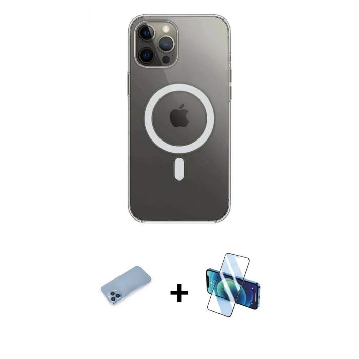 MARSİLYAN™- iPhone 12 Pro Max Kılıf Ahenk Yansıma Prime - Siyah 3D Antistatik Cam Ekran Koruyucu + Shine Kamera Lens Koruma Cam - MI