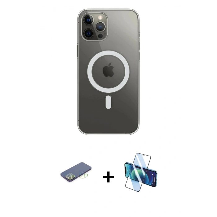 MARSİLYAN™- iPhone 12 Pro Max Kılıf Ahenk Yansıma Prime - Siyah 3D Antistatik Cam Ekran Koruyucu + Renkli Kamera Lens Koruma Cam - YL