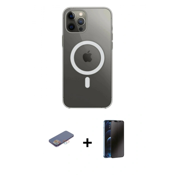 MARSİLYAN™- iPhone 12 Pro Max Kılıf Ahenk Yansıma Prime - Siyah 3D Antistatik Hayalet Cam Ekran Koruyucu + Renkli Kamera Lens Koruma Cam - PE