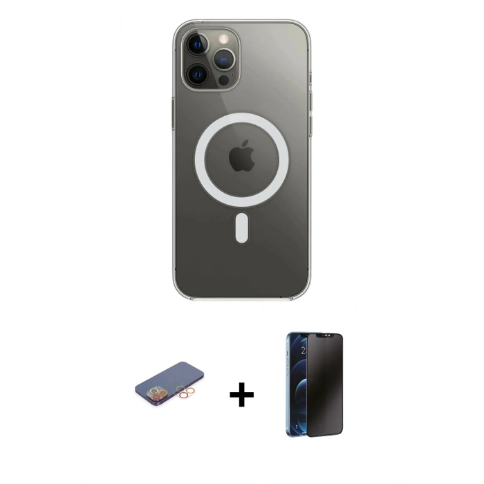 MARSİLYAN™- iPhone 12 Pro Max Kılıf Ahenk Yansıma Prime - Siyah 3D Antistatik Hayalet Cam Ekran Koruyucu + Renkli Kamera Lens Koruma Cam - TU