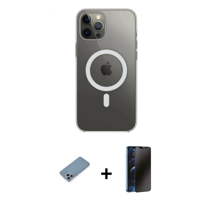 MARSİLYAN™- iPhone 12 Pro Max Kılıf Ahenk Yansıma Prime - Siyah 3D Antistatik Hayalet Cam Ekran Koruyucu + Shine Kamera Lens Koruma Cam - GI