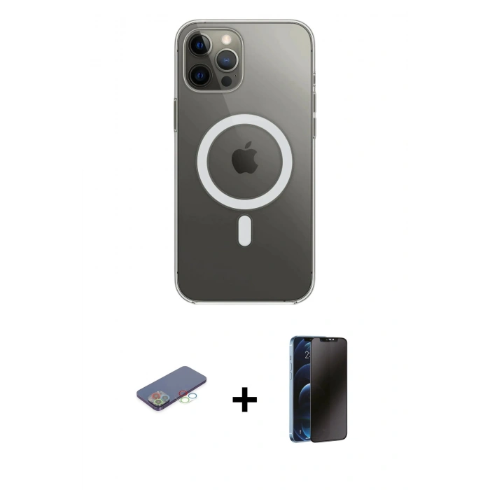MARSİLYAN™- iPhone 12 Pro Max Kılıf Ahenk Yansıma Prime - Siyah 3D Antistatik Hayalet Cam Ekran Koruyucu + Renkli Kamera Lens Koruma Cam - MI