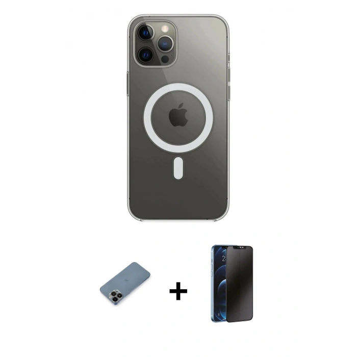 MARSİLYAN™- iPhone 12 Pro Max Kılıf Ahenk Yansıma Prime - Siyah 3D Antistatik Hayalet Cam Ekran Koruyucu + Siyah Shine Kamera Lens Koruma Cam