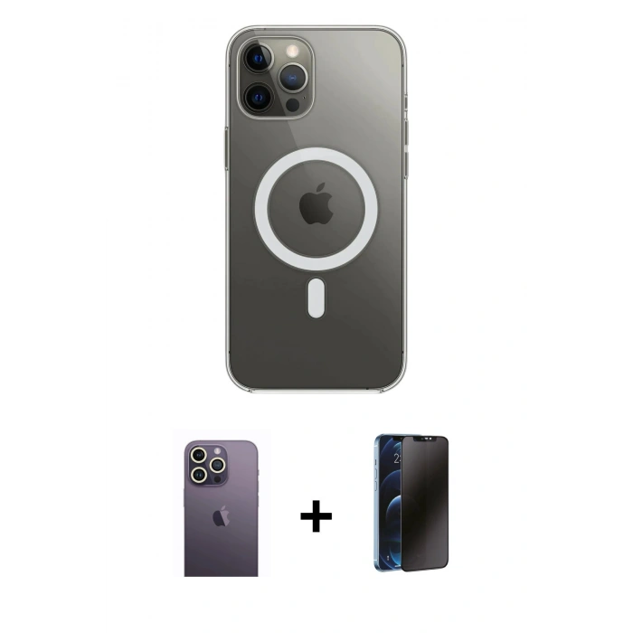 MARSİLYAN™- iPhone 12 Pro Max Kılıf Ahenk Yansıma Prime - Siyah 3D Antistatik Hayalet Cam Ekran Koruyucu + Beyaz Neon Fosforlu Kamera Lens
