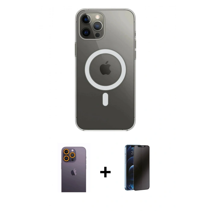 MARSİLYAN™- iPhone 12 Pro Max Kılıf Ahenk Yansıma Prime - Siyah 3D Antistatik Hayalet Cam Ekran Koruyucu + Neon Fosforlu Kamera Lens - SI