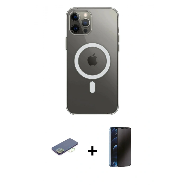 MARSİLYAN™- iPhone 12 Pro Max Kılıf Ahenk Yansıma Prime - Siyah 3D Antistatik Hayalet Cam Ekran Koruyucu + Renkli Kamera Lens Koruma Cam - YL