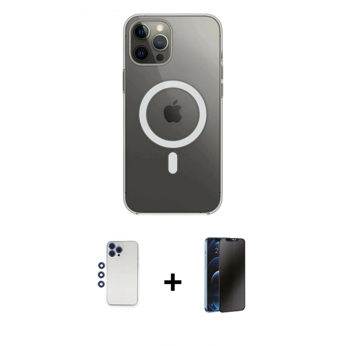 MARSİLYAN™- iPhone 12 Pro Max Kılıf Ahenk Yansıma Prime - Siyah 3D Antistatik Hayalet Cam Ekran Koruyucu + Shine Kamera Lens - LT