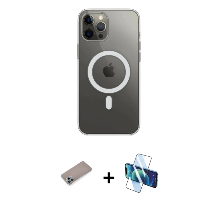 MARSİLYAN™- iPhone 12 Pro Max Kılıf Ahenk Yansıma Prime - Siyah 3D Antistatik Seramik Nano Ekran Koruyucu + Shine Kamera Lens Koruma Cam - SABE