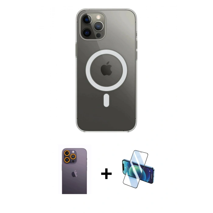 MARSİLYAN™- iPhone 12 Pro Max Kılıf Ahenk Yansıma Prime - Siyah 3D Antistatik Seramik Nano Ekran Koruyucu + Neon Fosforlu Kamera Lens - SI