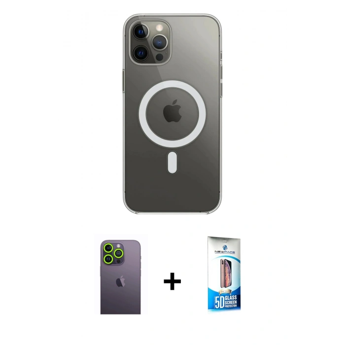 MARSİLYAN™- iPhone 12 Pro Max Kılıf Ahenk Yansıma Prime - Siyah 5D Eko Cam Ekran Koruyucu + Neon Fosforlu Kamera Lens - YL