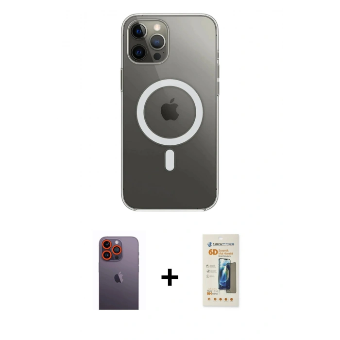 MARSİLYAN™- iPhone 12 Pro Max Kılıf Ahenk Yansıma Prime - Siyah 6D Mat Seramik Hayalet Nano Ekran Koruyucu + Neon Fosforlu Kamera Lens - TU