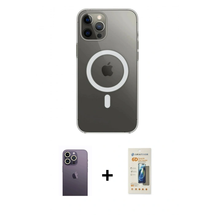MARSİLYAN™- iPhone 12 Pro Max Kılıf Ahenk Yansıma Prime - Siyah 6D Mat Seramik Hayalet Nano Ekran Koruyucu + Neon Fosforlu Kamera Lens - BZ