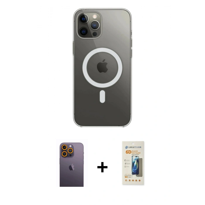 MARSİLYAN™- iPhone 12 Pro Max Kılıf Ahenk Yansıma Prime - Siyah 6D Mat Seramik Hayalet Nano Ekran Koruyucu + Neon Fosforlu Kamera Lens - SI