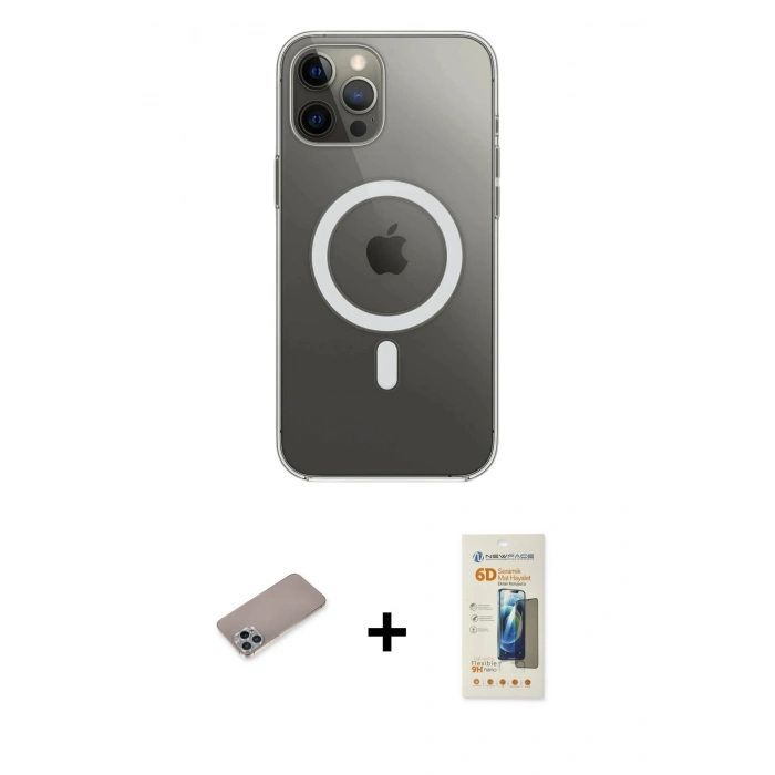 MARSİLYAN™- iPhone 12 Pro Max Kılıf Ahenk Yansıma Prime - Siyah 6D Mat Seramik Hayalet Nano Ekran Koruyucu + Sierra Blue Shine Kamera Lens Koruma Cam