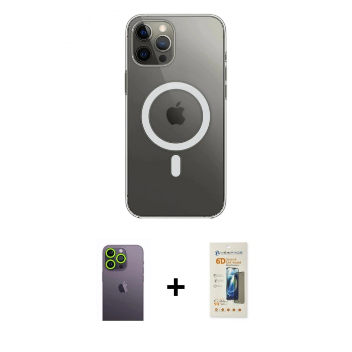 MARSİLYAN™- iPhone 12 Pro Max Kılıf Ahenk Yansıma Prime - Siyah 6D Mat Seramik Hayalet Nano Ekran Koruyucu + Yeşil Neon Fosforlu Kamera Lens