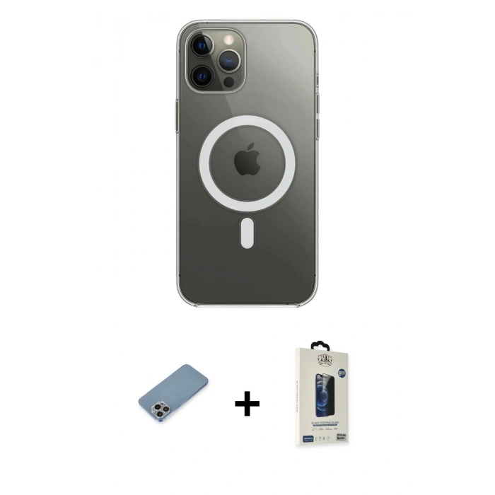 MARSİLYAN™- iPhone 12 Pro Max Kılıf Ahenk Yansıma Prime - Siyah Bilvis Hayalet Cam Ekran Koruyucu + Shine Kamera Lens Koruma Cam - GI