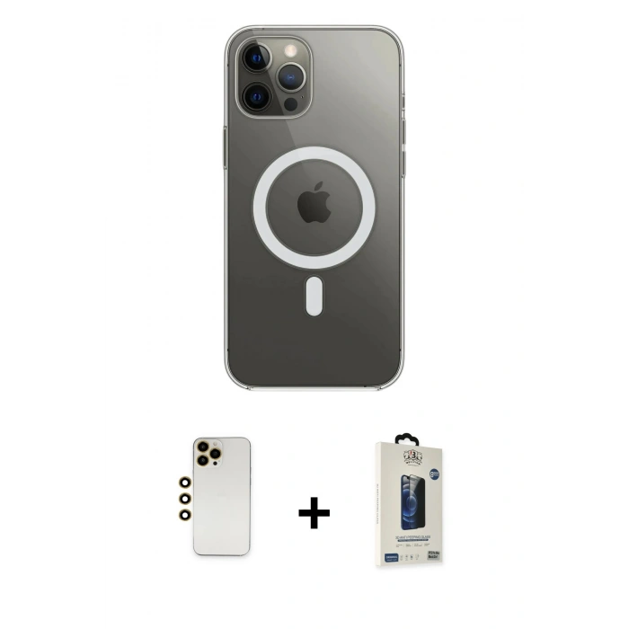 MARSİLYAN™- iPhone 12 Pro Max Kılıf Ahenk Yansıma Prime - Siyah Bilvis Hayalet Cam Ekran Koruyucu + Gold Shine Kamera Lens