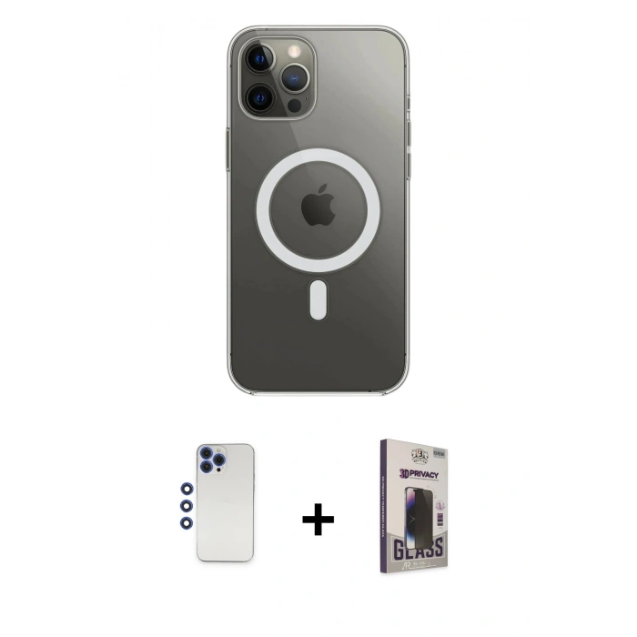 MARSİLYAN™- iPhone 12 Pro Max Kılıf Ahenk Yansıma Prime - Siyah Bilvis Hayalet Cam Ekran Koruyucu + Shine Kamera Lens - LT