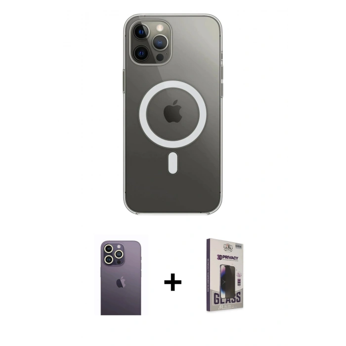 MARSİLYAN™- iPhone 12 Pro Max Kılıf Ahenk Yansıma Prime - Siyah Bilvis Hayalet Cam Ekran Koruyucu + Neon Fosforlu Kamera Lens - BZ