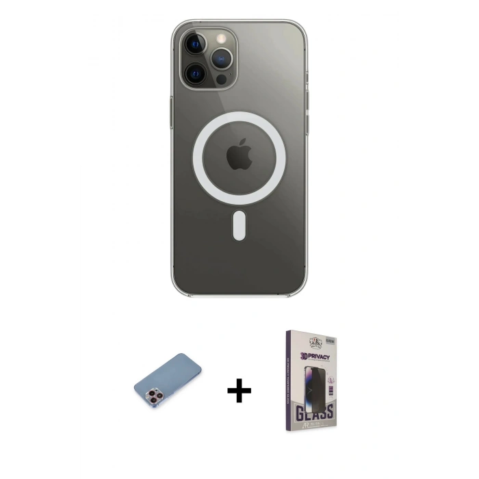 MARSİLYAN™- iPhone 12 Pro Max Kılıf Ahenk Yansıma Prime - Siyah Bilvis Hayalet Cam Ekran Koruyucu + Shine Kamera Lens Koruma Cam - PE