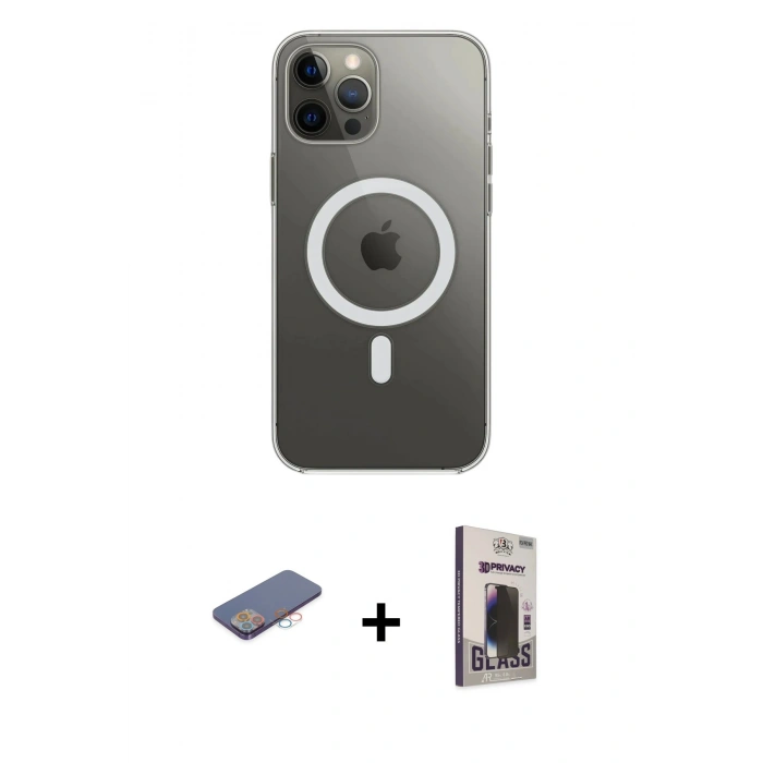 MARSİLYAN™- iPhone 12 Pro Max Kılıf Ahenk Yansıma Prime - Siyah Bilvis Hayalet Cam Ekran Koruyucu + Renkli Kamera Lens Koruma Cam - PE
