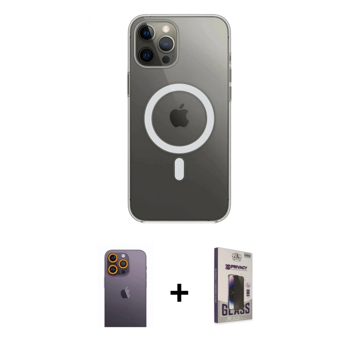 MARSİLYAN™- iPhone 12 Pro Max Kılıf Ahenk Yansıma Prime - Siyah Bilvis Hayalet Cam Ekran Koruyucu + Neon Fosforlu Kamera Lens - SI