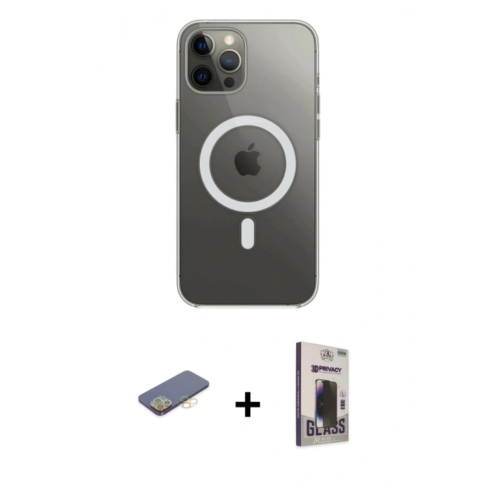 MARSİLYAN™- iPhone 12 Pro Max Kılıf Ahenk Yansıma Prime - Siyah Bilvis Hayalet Cam Ekran Koruyucu + Renkli Kamera Lens Koruma Cam - SI