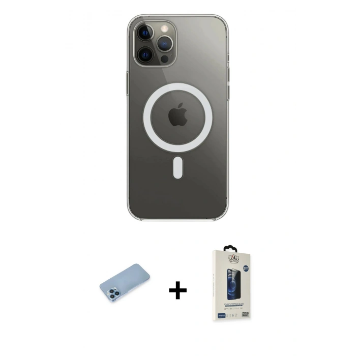 MARSİLYAN™- iPhone 12 Pro Max Kılıf Ahenk Yansıma Prime - Siyah Bilvis Hayalet Cam Ekran Koruyucu + Shine Kamera Lens Koruma Cam - MI